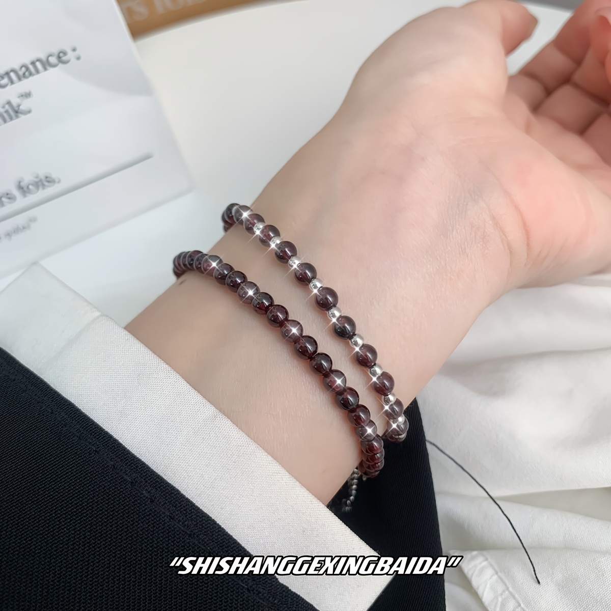 Sterling Silver Garnet Bead Bracelet - Adjustable Round Bracelet